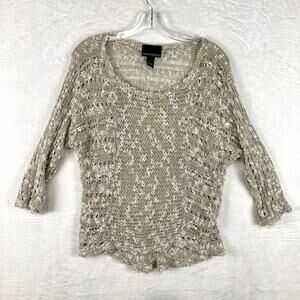 Cynthia Rowley Womens M Open Knit Sweater Tan White Crochet Boho Preppy Relaxed